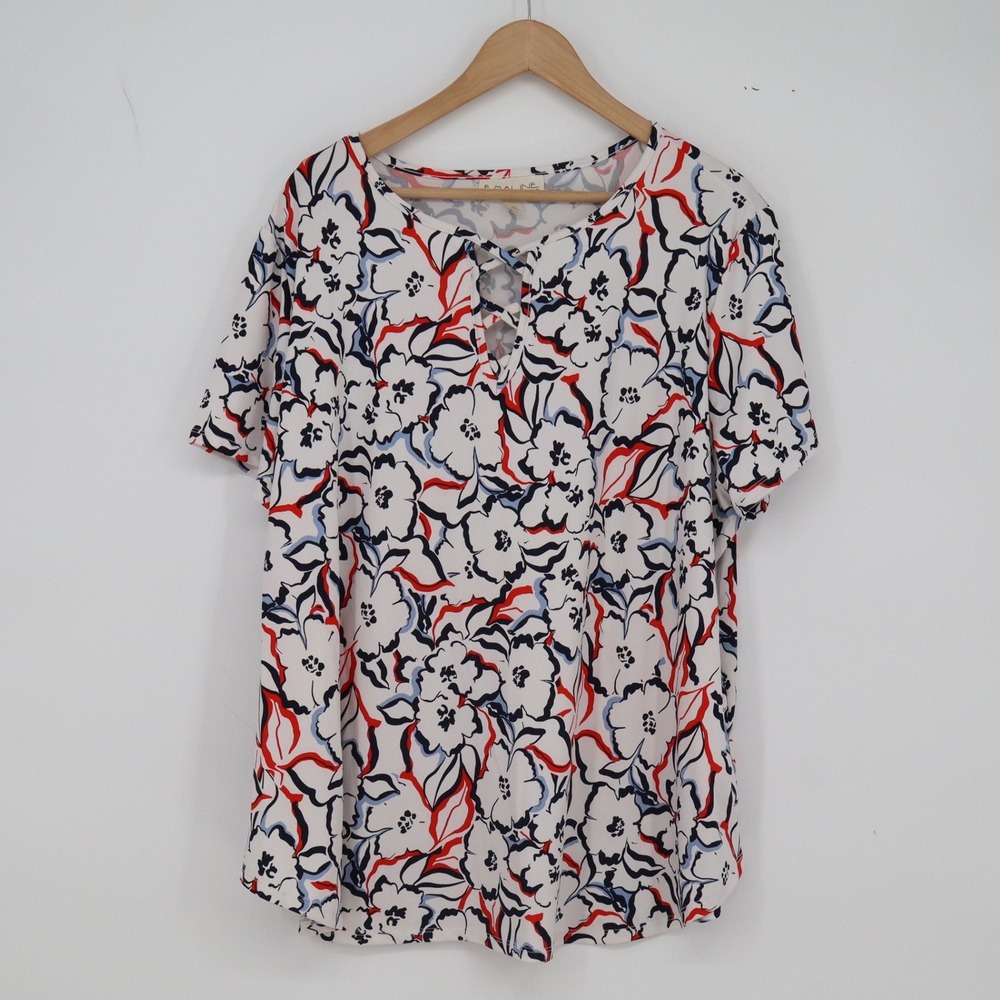 Emaline Top Woman 2X Floral Keyhole White Red Navy Short Sleeve Excellent